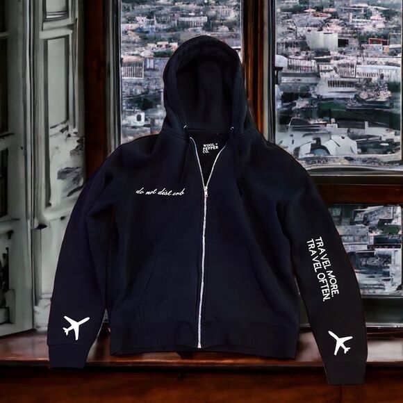 NWT Wool + Pepper Co. PROBABLY JET LAGGED Zip Up Hoodie Sweatshirt - Picture 1 of 5